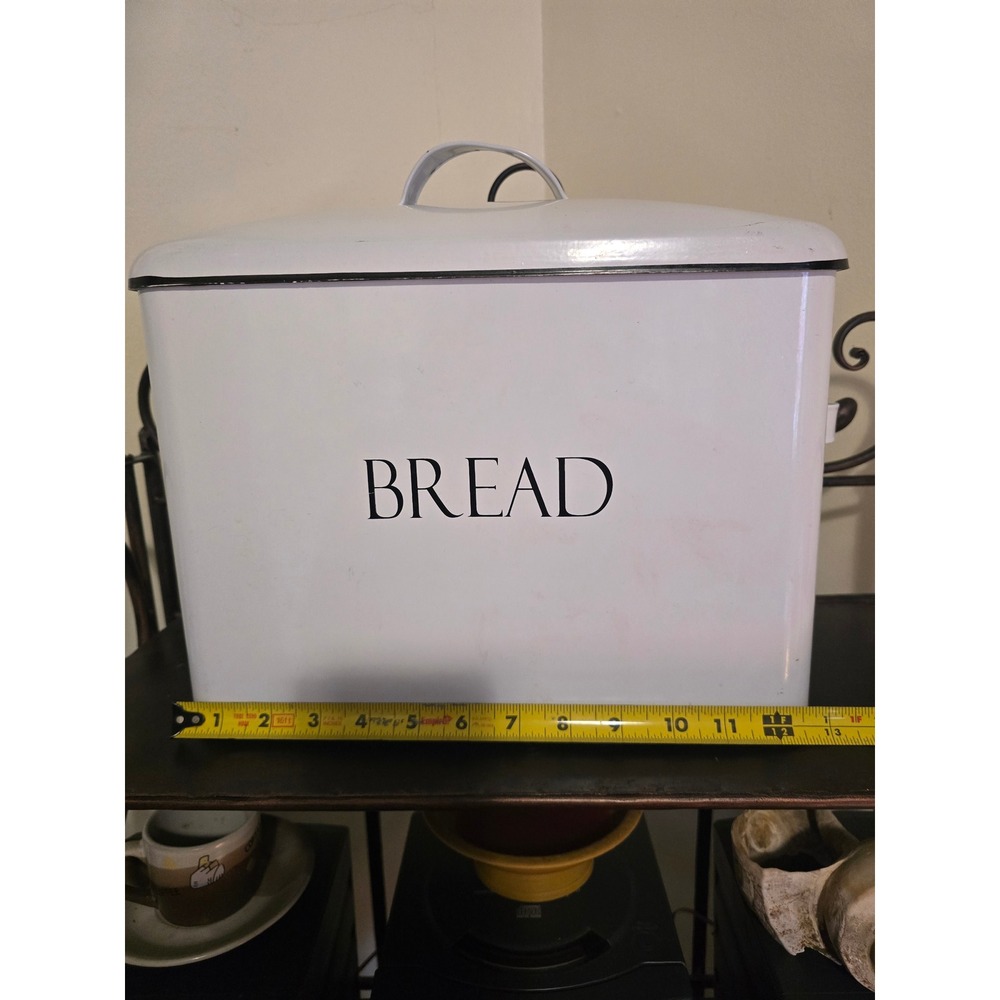 Vintage Farmhouse White Enamel Bread Box Metal Storage Bin with Lid and Handles - Picture 2 of 8